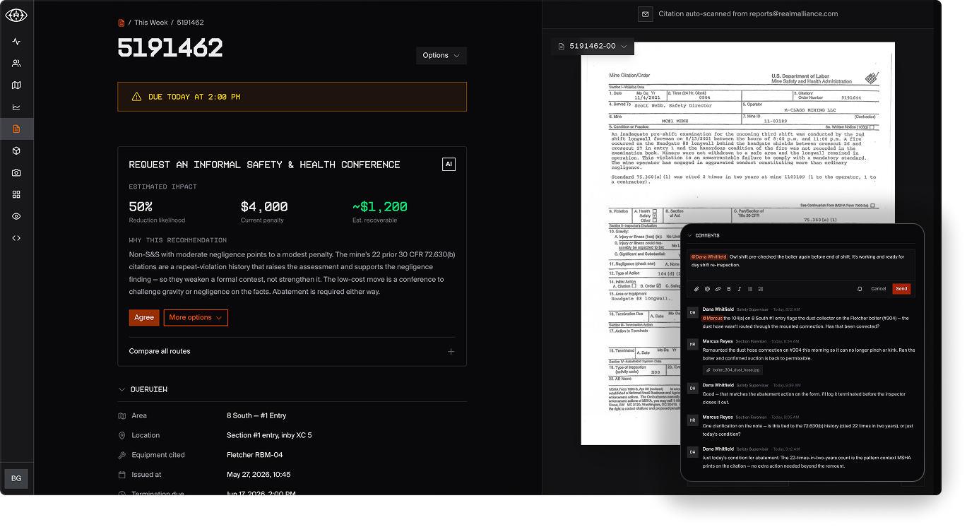 Citation IQ workspace showing citation details, an MSHA document, and team discussion